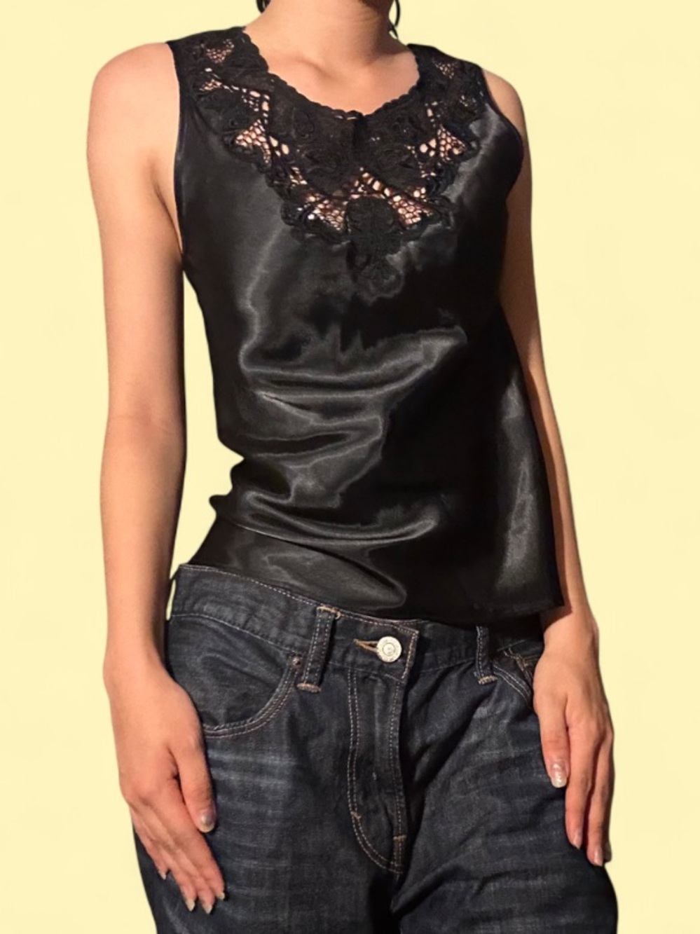 Y2K Black Satin Lace Tank Top